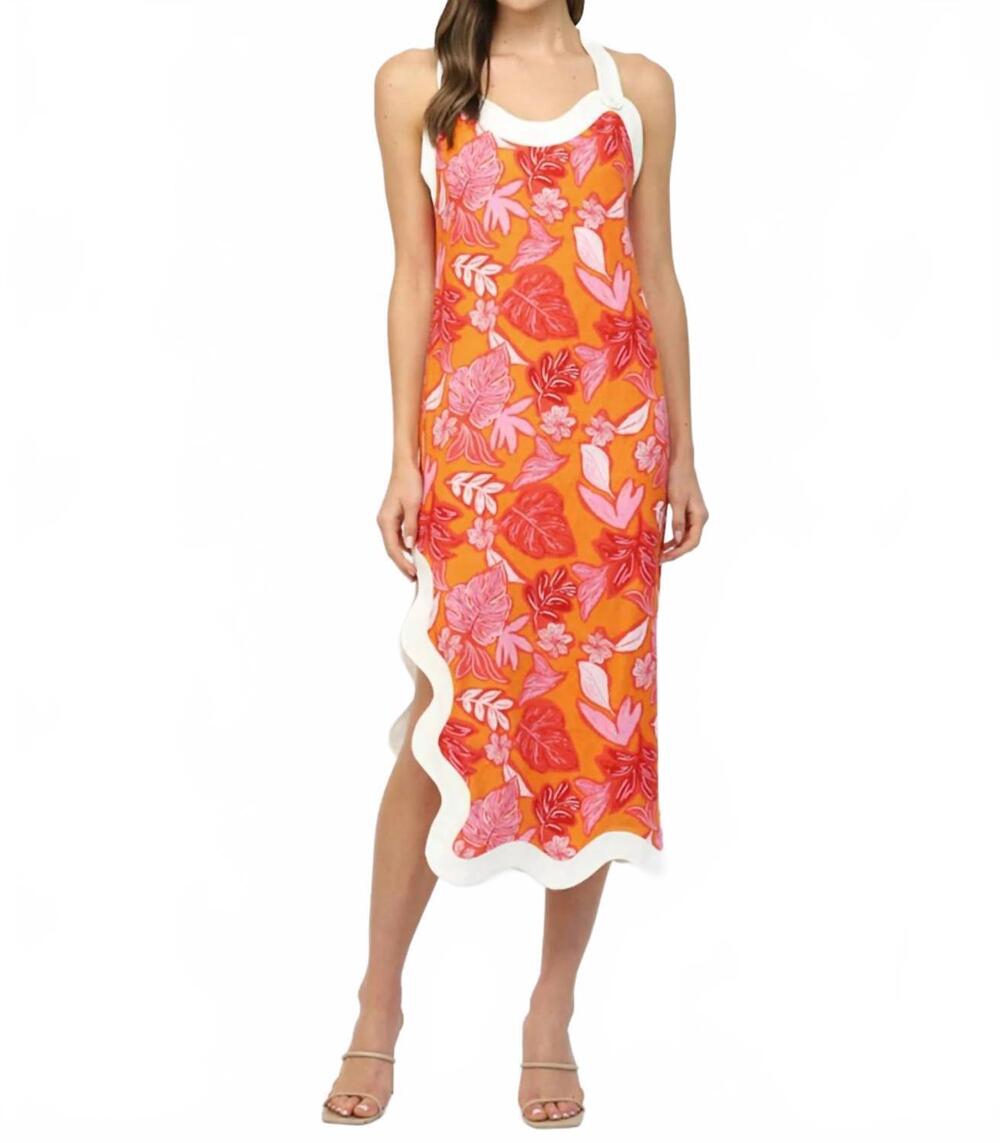 NEW FATE tropical print contrast linen blend midi dress in orange